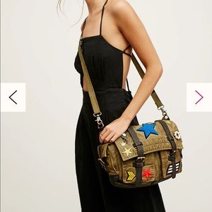 Free People Washed Military style canvas messenger crossbody Bag with patches